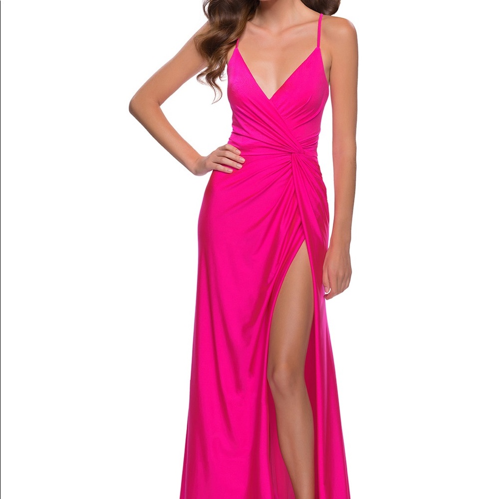 La Femme Hot Pink Ruched Side-Slit Evening Gown